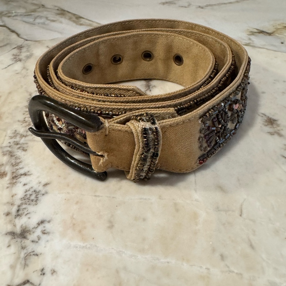 Beaded Tan Belt with Black Buckle